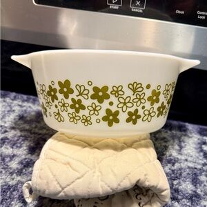 Pyrex White Bowl with Green Floral Pattern